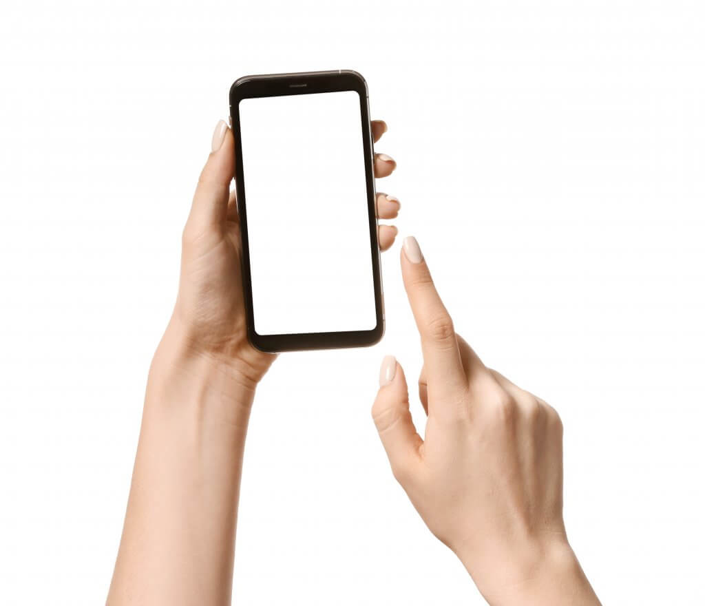 Female,Hands,With,Mobile,Phone,On,White,Background